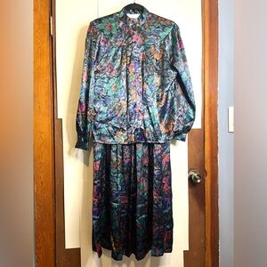 NWT 80s Laura Henson Floral Polyester Long Sleeve Blouse and Skirt Set VTG